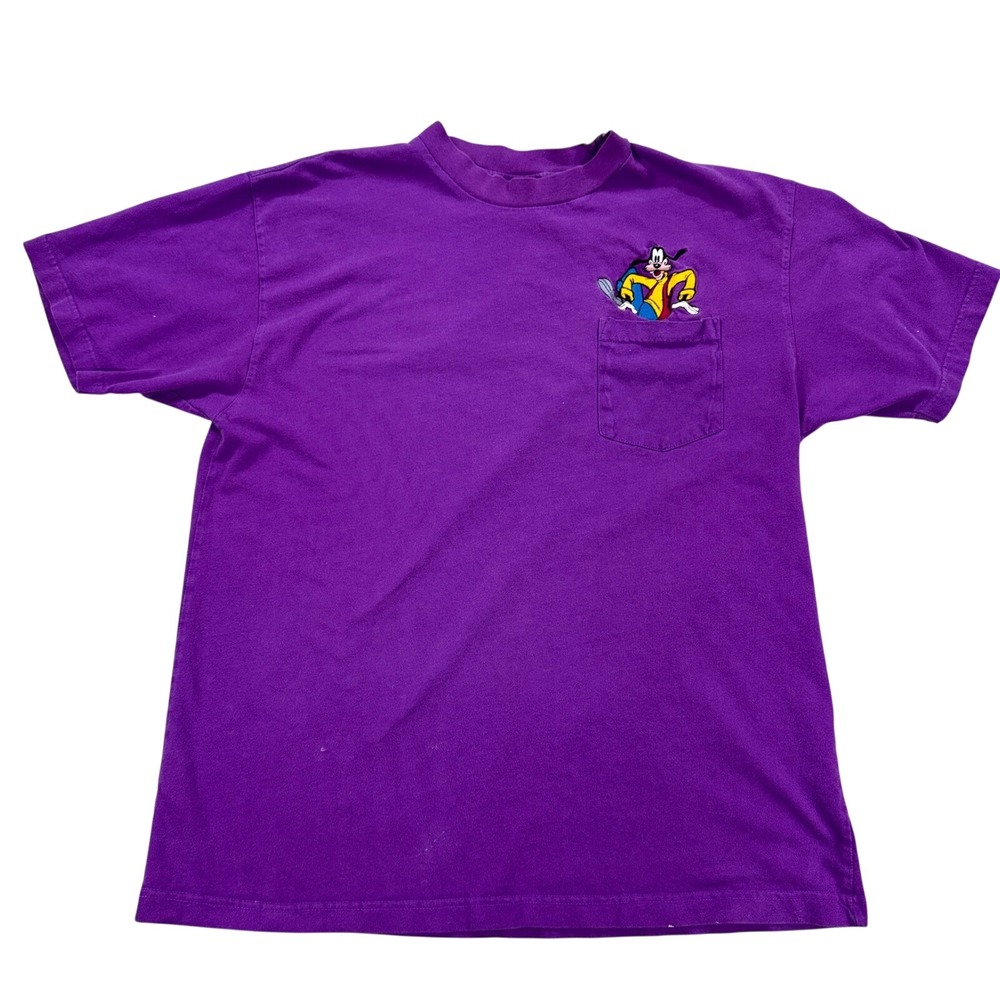 Walt Disney T-Shirt Men's L/XL Purple Goofy Crewneck Pockets Embroidered Vintage